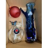 Assorted glass comprising a Walther candle holder, a blue pulled vase, two birds and a bottle.