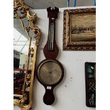 An antique inlaid mahogany banjo barometer / thermometer.