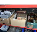 3 boxes of misc including wood plane, blow torch, shoe last, photographic paper, hair dryer, Philips