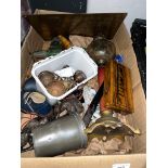 Two boxes of assorted misc. including a King Arthur brass plaque, an oil lamp, a plaster figure,
