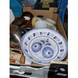 A box of mixed pottery and other items including Danish stainless steel, Swedish, Denby Arabesque