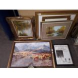 Various pictures and prints including oil on canvas, watercolours, etc.