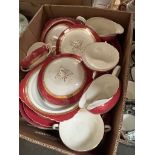 A box of Royal Cauldron dinner wares including plates, soup coupes, serving dishes etc
