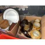 Two boxes of mixed items including Portmerion dish, leather collar case containing stud boxes,