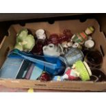 A mixed box of glass and ceramics including Royal Worcester, Branksome, Staffordshire, cranberry