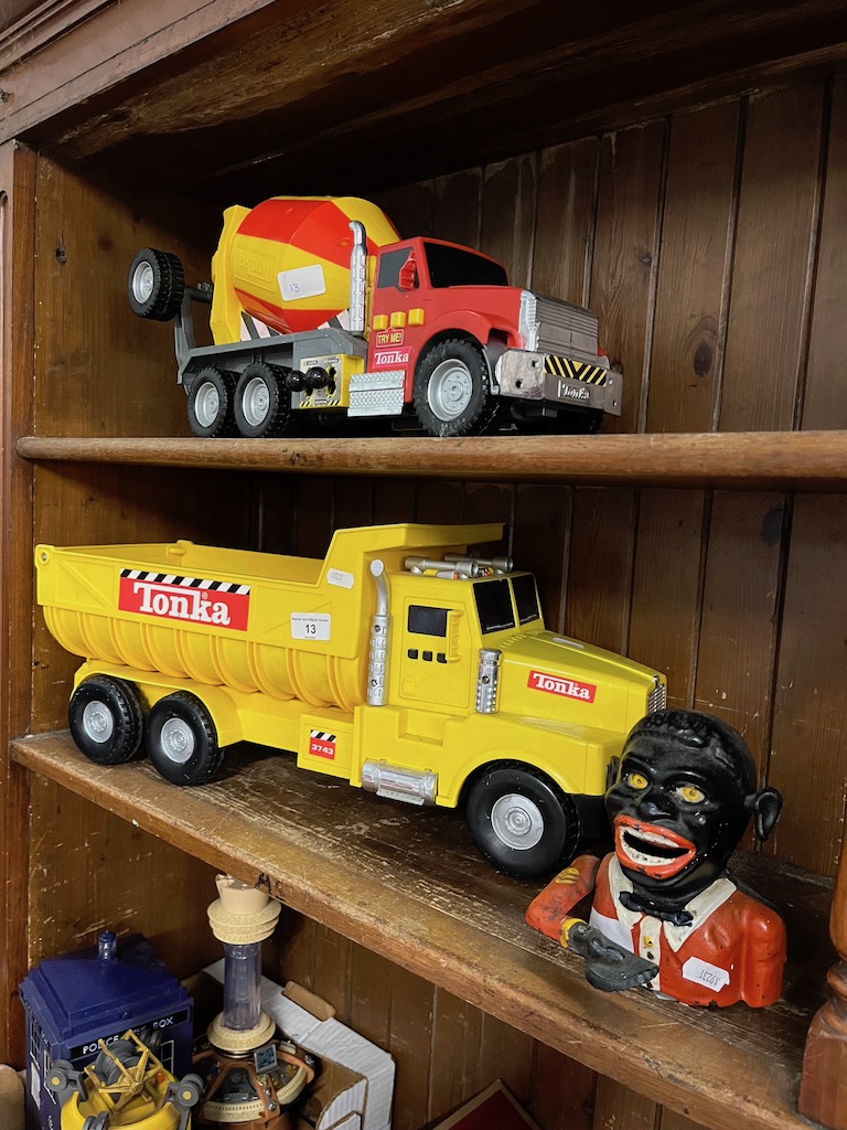 Two Tonka Toys and a Metal "Golly" money box