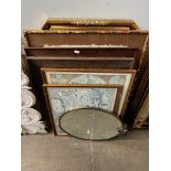 A bundle of pictures, map of Southern US states, oval mirror, a gilt framed mirror, an Egyptian