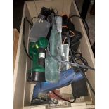 A box of electrical items including Bosch sander, Flymo charger unit etc.
