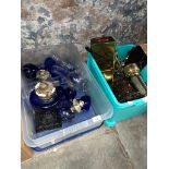 A collection of old parafin lamps to include blue cobalt, etc and a box of metalware, mainly brass.