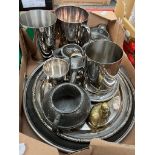 A box of metalware including silver plate, pewter, Mappin & Webb tankard etc.