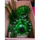 A box of green glass items to include Mary Gregory style etc.