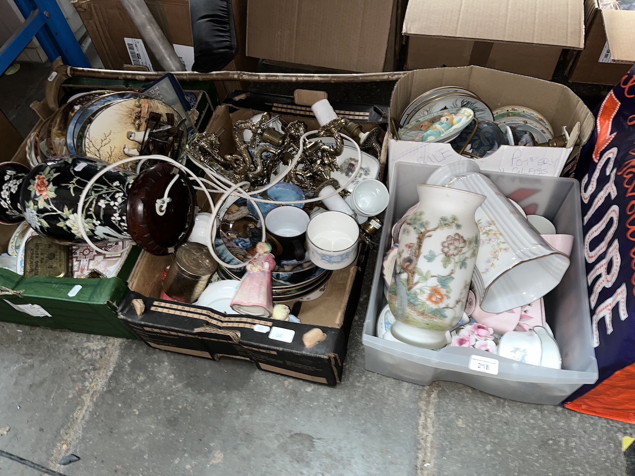 4 boxes of misc items including ceramics, pottery, collector's plates, table lamp, brassware, wall