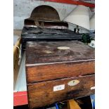 A wooden box with haberdashery items together with 2 empty deed boxes, an empty metal box and a