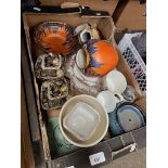 A mixed box of pottery including Japanese lidded dishes, a Japanese vase, a Crown Devon vase and