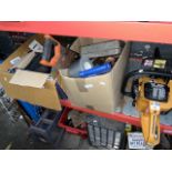 2 boxes of mainly tools, garageware to include unused die grinder, various tools, oil lamp, saws,
