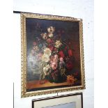 20th century school, oil on canvas, still life of flowers, 59cm x 71cm, indistinctly signed to lower