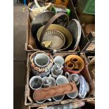 2 boxes of kitchenware incl: scales, brass cauldron, mugs and bowls