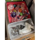 A box containing various glass paperweights and some ornaments, 20 in total, together with a box