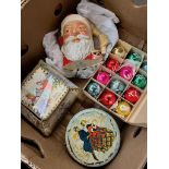 A box of Christmas items including vintage tin and vintage box containing old glass baubles, a