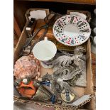 A box of collectables including brass lady bell, carved shell, vintage games inc travel chess etc,