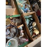 Three boxes of vintage including treen, glassware, ceramics, vintge bottles, stoneware etc