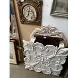 A mixed lot comprising a carved wooden framed mirror, a press, a metal plaque and a reproduction