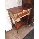 A French gilt mounted burr yew and kingwood side table with drawer.