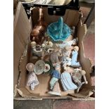 A box of figurines, mainly Leonardo Collection, a shire horse figure, and a vintage blue glass