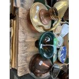 A large copper pitcher, a brass and copper jug, and a heavy coloured glass pedestal bowl