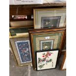 A group of appx 9 oriental silk pictures