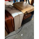 3 vintage suitcases with selection of vintage clothing to include a dress, various jackets to