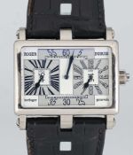 A RARE GENTLEMAN'S 18K SOLID WHITE GOLD ROGER DUBUIS "TOO MUCH" DUAL TIME GMT WRIST WATCH CIRCA