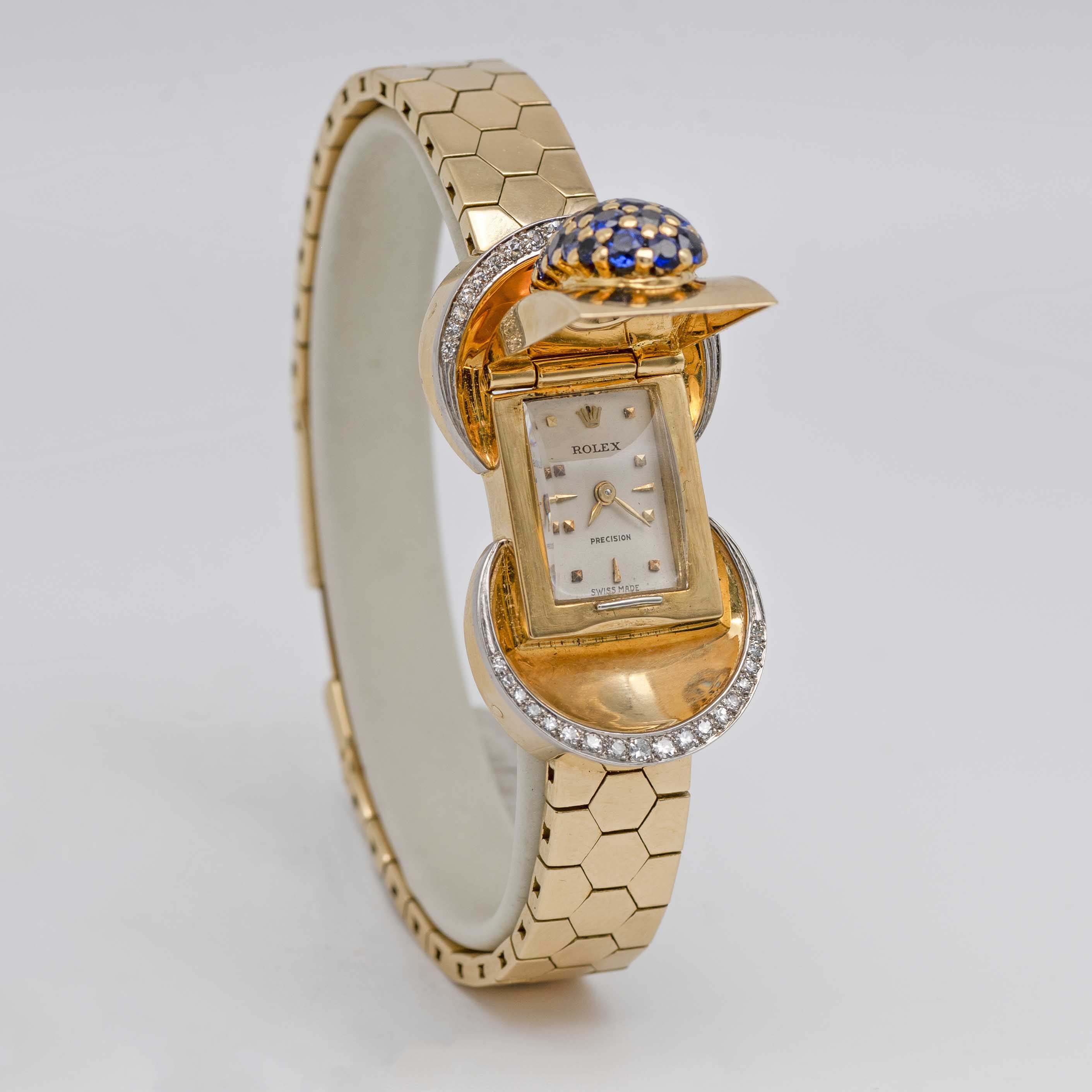 A FINE & RARE LADIES 18K SOLID GOLD, DIAMOND & SAPPHIRE ROLEX BRACELET WATCH CIRCA 1940s, REF. 602 - Image 7 of 14