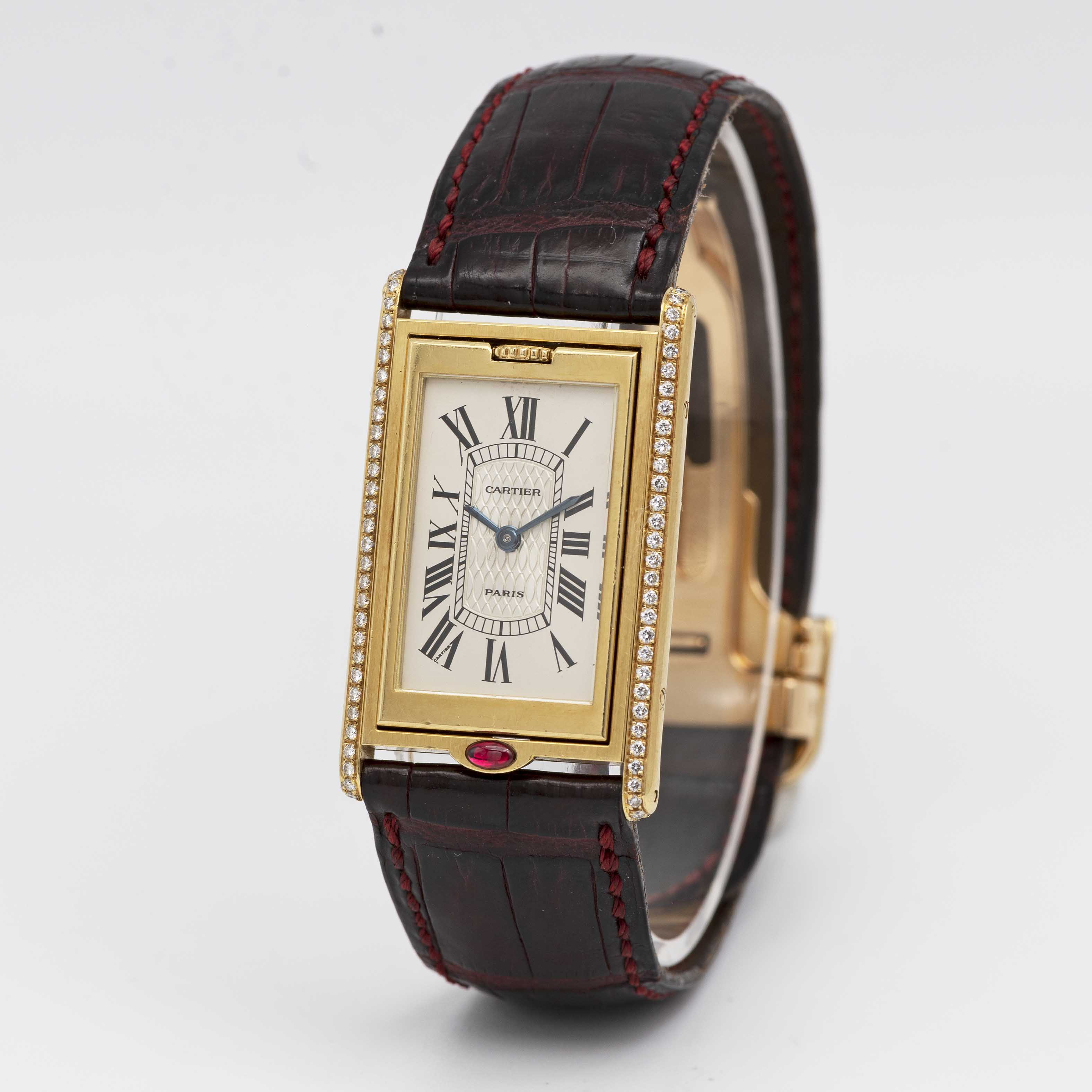 A RARE GENTLEMAN'S SIZE 18K SOLID GOLD & DIAMOND CARTIER PARIS BASCULANTE WRIST WATCH CIRCA - Image 4 of 11