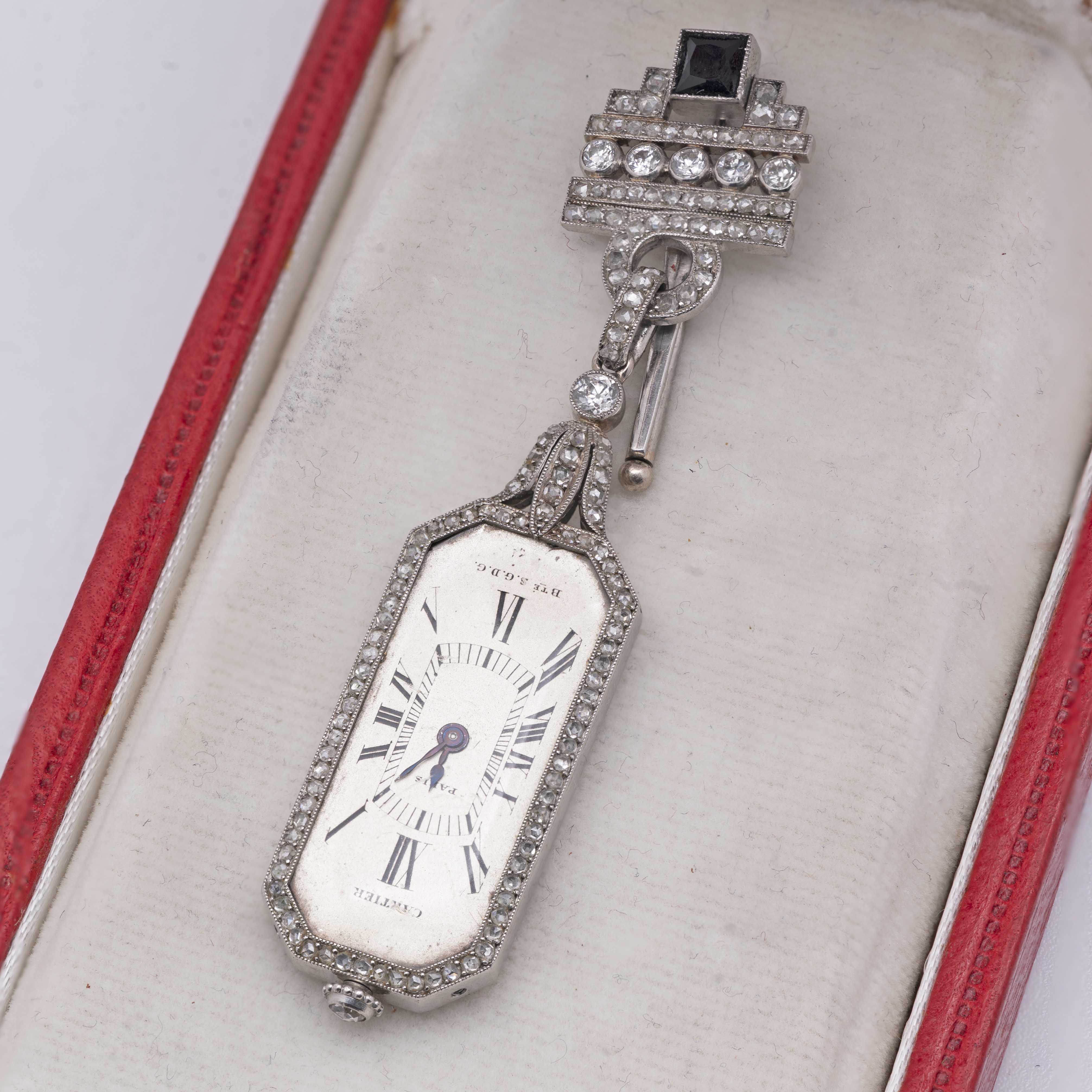 A FINE & RARE LADIES PLATINUM & ONYX CARTIER PARIS BTE S.G.D.G PENDANT WATCH CIRCA 1920s WITH - Image 4 of 9