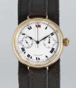 A RARE GENTLEMAN'S 9K SOLID GOLD SINGLE BUTTON LONGINES CHRONOGRAPH WRIST WATCH CIRCA 1930, WITH