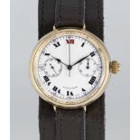 A RARE GENTLEMAN'S 9K SOLID GOLD SINGLE BUTTON LONGINES CHRONOGRAPH WRIST WATCH CIRCA 1930, WITH