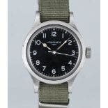 A GENTLEMAN'S STAINLESS STEEL BRITISH MILITARY LONGINES RAF PILOTS WRIST WATCH DATED 1956, WITH