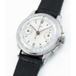 A GENTLEMAN'S STAINLESS STEEL JAEGER CHRONOGRAPH WRIST WATCH CIRCA 1940, WITH UNIVERSAL GENEVE