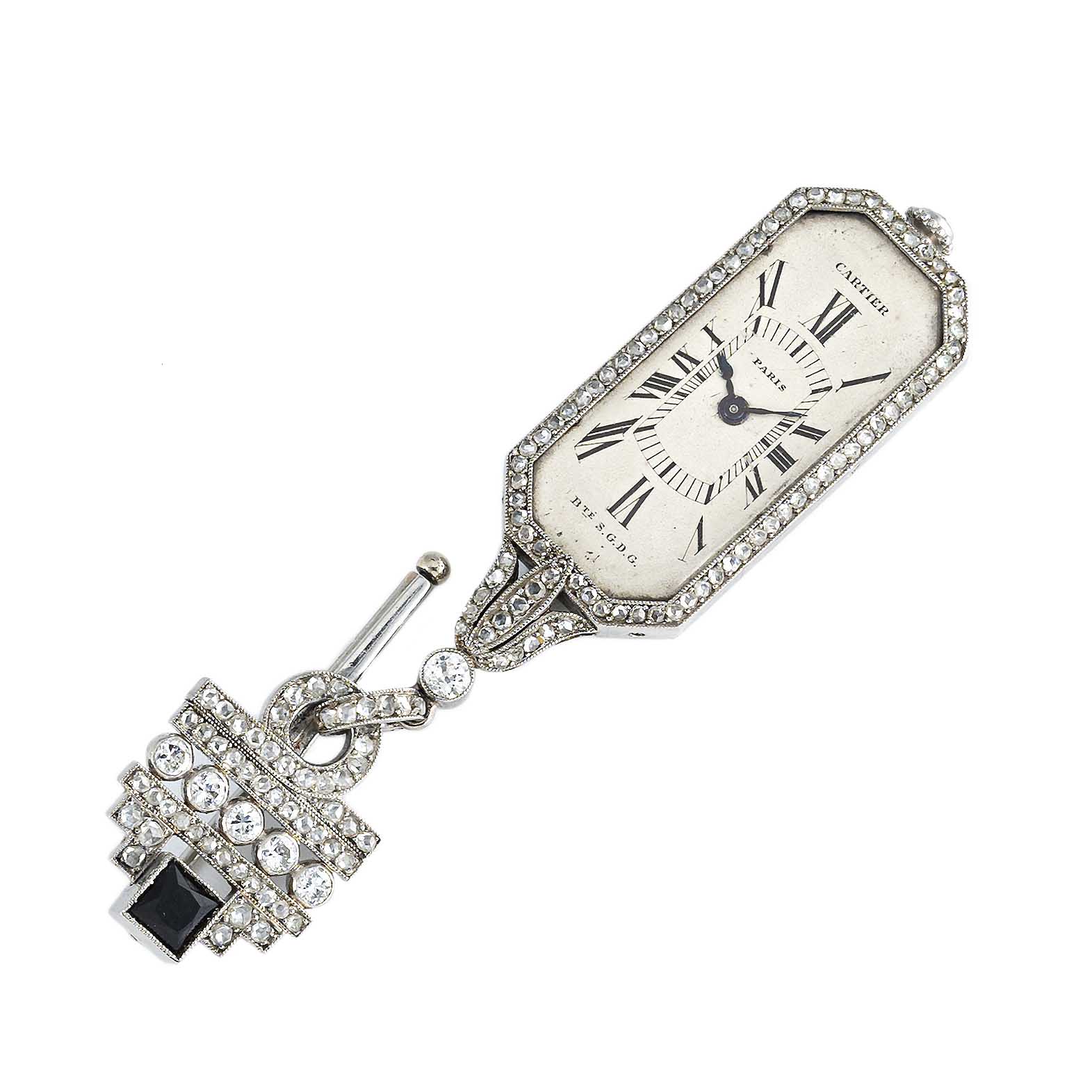 A FINE & RARE LADIES PLATINUM & ONYX CARTIER PARIS BTE S.G.D.G PENDANT WATCH CIRCA 1920s WITH - Image 3 of 9