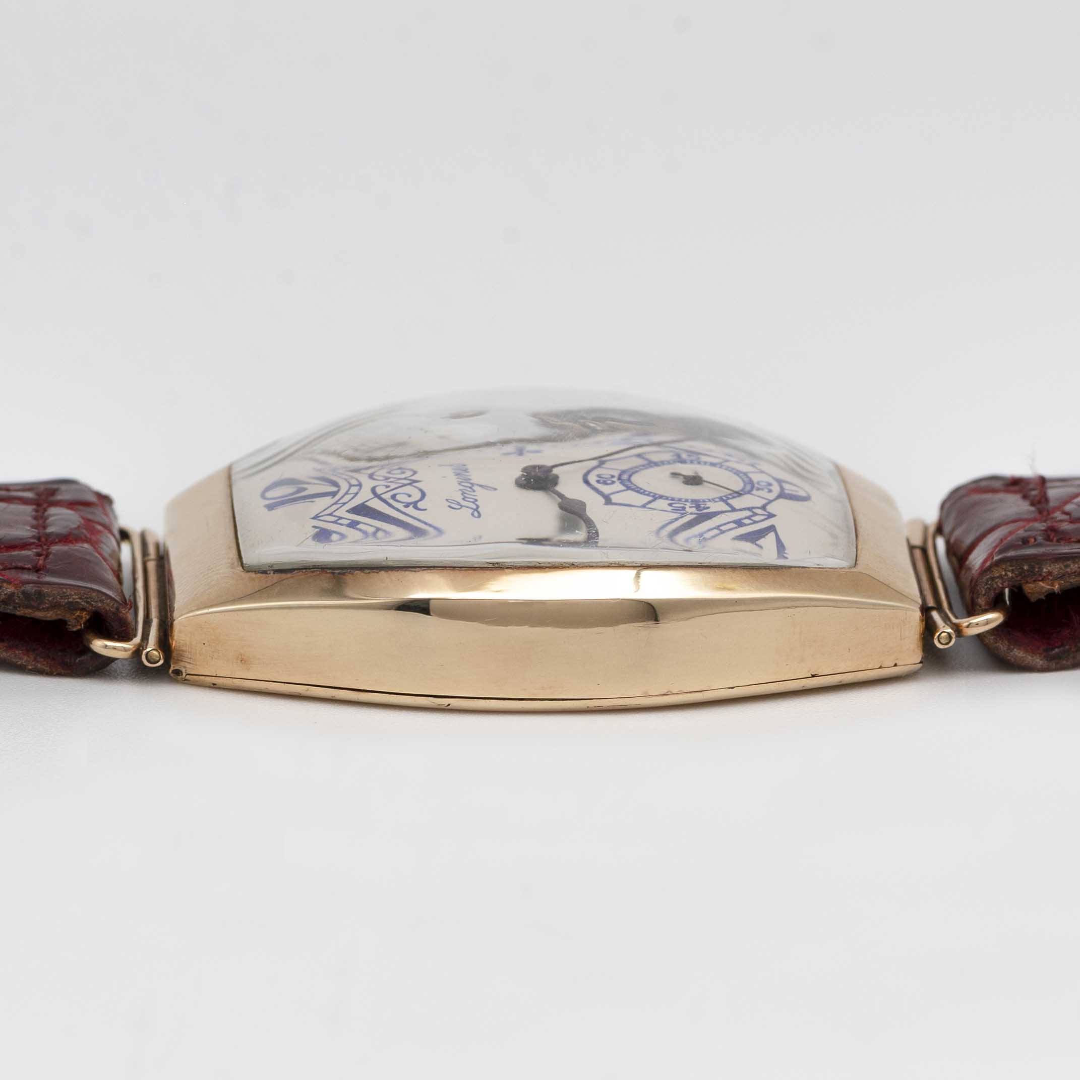 A VERY RARE GENTLEMAN'S 14K SOLID ROSE GOLD LARGE TONNEAU CASED LONGINES WRIST WATCH DATED 1915, - Image 9 of 9
