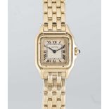 A LADIES 18K SOLID GOLD CARTIER PANTHERE BRACELET WATCH CIRCA 1990, REF. 107000M WITH CARTIER BOX