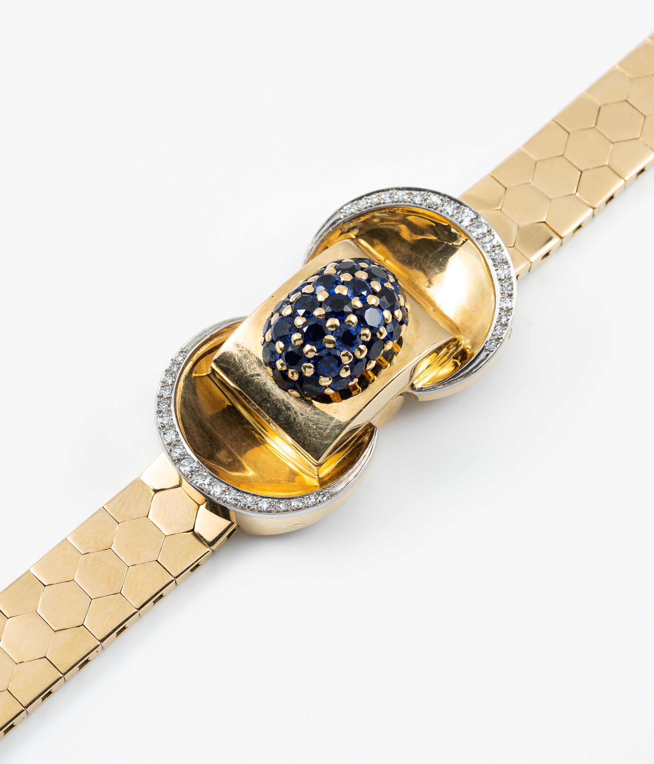 A FINE & RARE LADIES 18K SOLID GOLD, DIAMOND & SAPPHIRE ROLEX BRACELET WATCH CIRCA 1940s, REF. 602