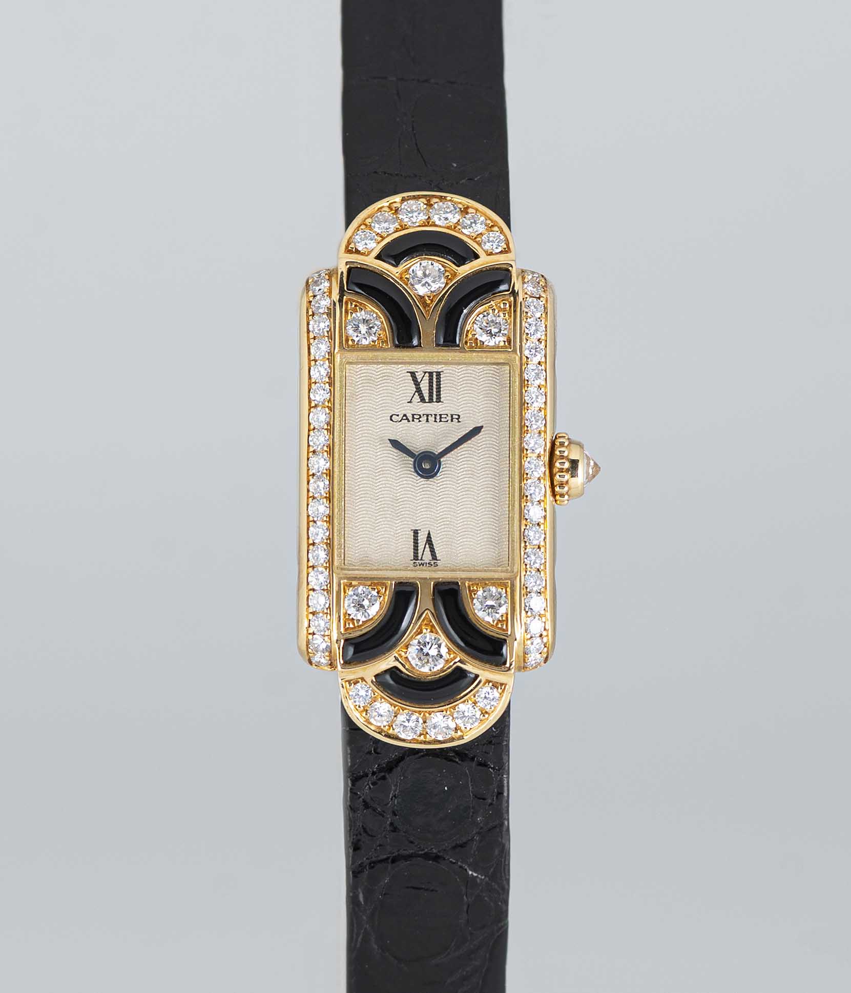 A LADIES 18K SOLID GOLD, DIAMOND & ONYX CARTIER TANK "MINI" WRIST WATCH CIRCA 1990s, REF. 1361