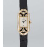 A LADIES 18K SOLID GOLD, DIAMOND & ONYX CARTIER TANK "MINI" WRIST WATCH CIRCA 1990s, REF. 1361