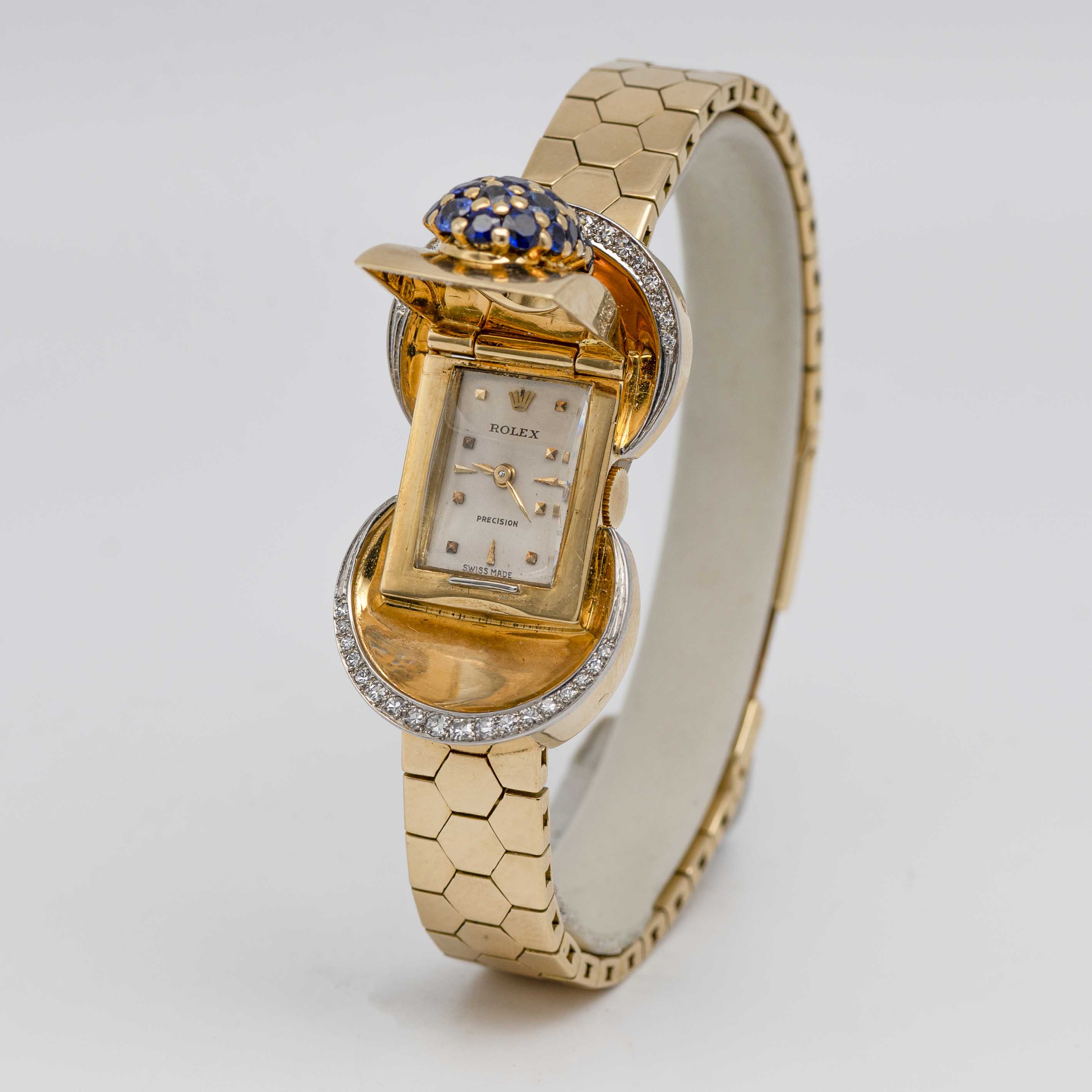 A FINE & RARE LADIES 18K SOLID GOLD, DIAMOND & SAPPHIRE ROLEX BRACELET WATCH CIRCA 1940s, REF. 602 - Image 6 of 14