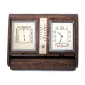 A FOLDING 8 DAYS LECOULTRE TRIPLE DATE TRAVEL CLOCK WEATHER STATION WITH THERMOMETER & BAROMETER