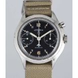 A GENTLEMAN'S STAINLESS STEEL BRITISH MILITARY LEMANIA SINGLE BUTTON RAF PILOTS CHRONOGRAPH WRIST