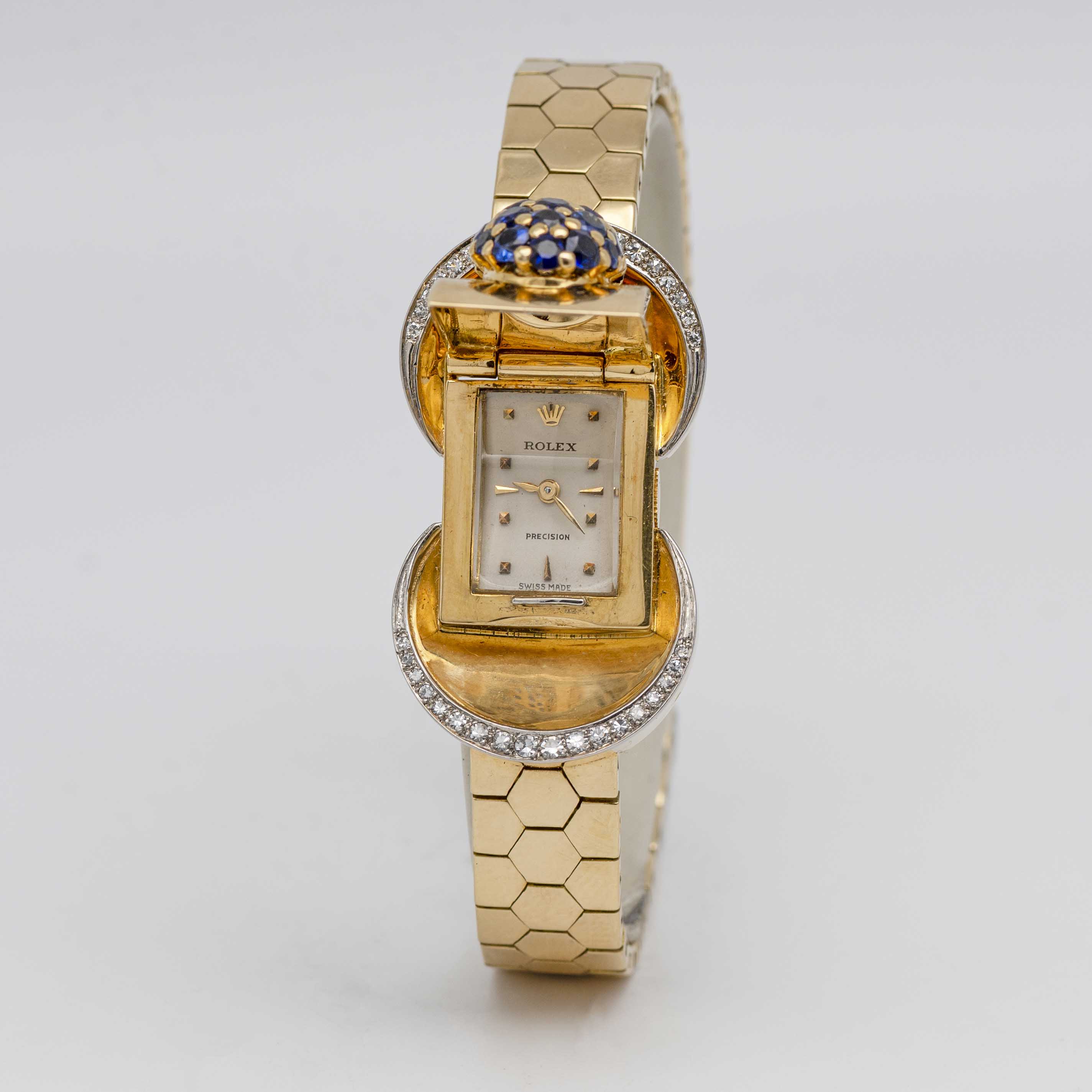 A FINE & RARE LADIES 18K SOLID GOLD, DIAMOND & SAPPHIRE ROLEX BRACELET WATCH CIRCA 1940s, REF. 602 - Image 5 of 14