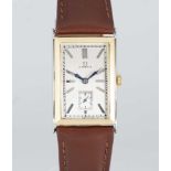 A GENTLEMAN'S 18K SOLID WHITE & YELLOW GOLD OMEGA RECTANGULAR WRIST WATCH CIRCA 1930 WITH "COIN